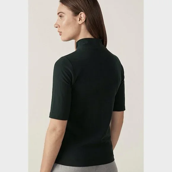 SOLD Trenery Dark Forest Green Mock Neck 1/2 Sleeve T-Shirt Top Size S Cotton - Picture 4 of 10